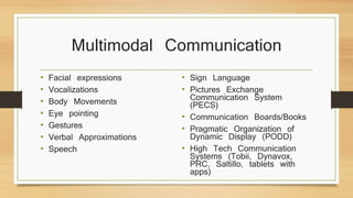 Multimodal Communication
• Facial expressions
• Vocalizations
• Body Movements
• Eye pointing
• Gestures
• Verbal Approximations
• Speech
• Sign Language
• Pictures Exchange
Communication System
(PECS)
• Communication Boards/Books
• Pragmatic Organization of
Dynamic Display (PODD)
• High Tech Communication
Systems (Tobii, Dynavox,
PRC, Saltillo, tablets with
apps)
 