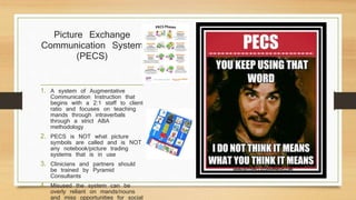 Picture Exchange
Communication System
(PECS)
1. A system of Augmentative
Communication Instruction that
begins with a 2:1 staff to client
ratio and focuses on teaching
mands through intraverbals
through a strict ABA
methodology
2. PECS is NOT what picture
symbols are called and is NOT
any notebook/picture trading
systems that is in use
3. Clinicians and partners should
be trained by Pyramid
Consultants
4. Misused the system can be
overly reliant on mands/nouns
and miss opportunities for social
 