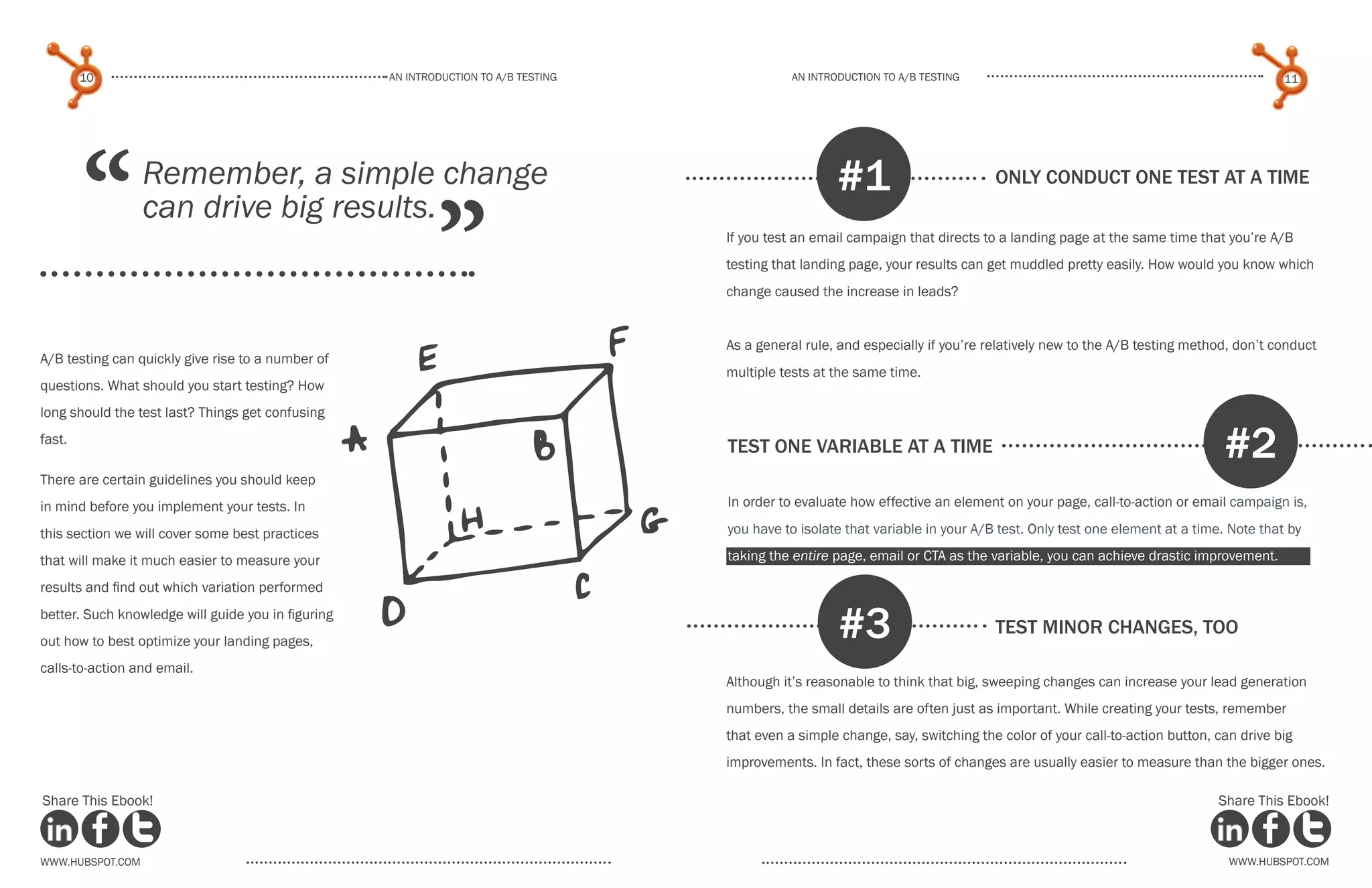 An introduction to a/b testing
An introduction to a/b tesTing
10 11
www.Hubspot.com www.Hubspot.com
Share This Ebook! Share This Ebook!
“ ”
A/B testing can quickly give rise to a number of
questions. What should you start testing? How
long should the test last? Things get confusing
fast.
There are certain guidelines you should keep
in mind before you implement your tests. In
this section we will cover some best practices
that will make it much easier to measure your
results and find out which variation performed
better. Such knowledge will guide you in figuring
out how to best optimize your landing pages,
calls-to-action and email.
Remember, a simple change
can drive big results.
ONLY CONDUCT ONE TEST AT A TIME
If you test an email campaign that directs to a landing page at the same time that you’re A/B
testing that landing page, your results can get muddled pretty easily. How would you know which
change caused the increase in leads?
As a general rule, and especially if you’re relatively new to the A/B testing method, don’t conduct
multiple tests at the same time.
#1
Test One Variable at a Time
In order to evaluate how effective an element on your page, call-to-action or email campaign is,
you have to isolate that variable in your A/B test. Only test one element at a time. Note that by
taking the entire page, email or CTA as the variable, you can achieve drastic improvement.
#2
test minor changes, too
Although it’s reasonable to think that big, sweeping changes can increase your lead generation
numbers, the small details are often just as important. While creating your tests, remember
that even a simple change, say, switching the color of your call-to-action button, can drive big
improvements. In fact, these sorts of changes are usually easier to measure than the bigger ones.
#3
 