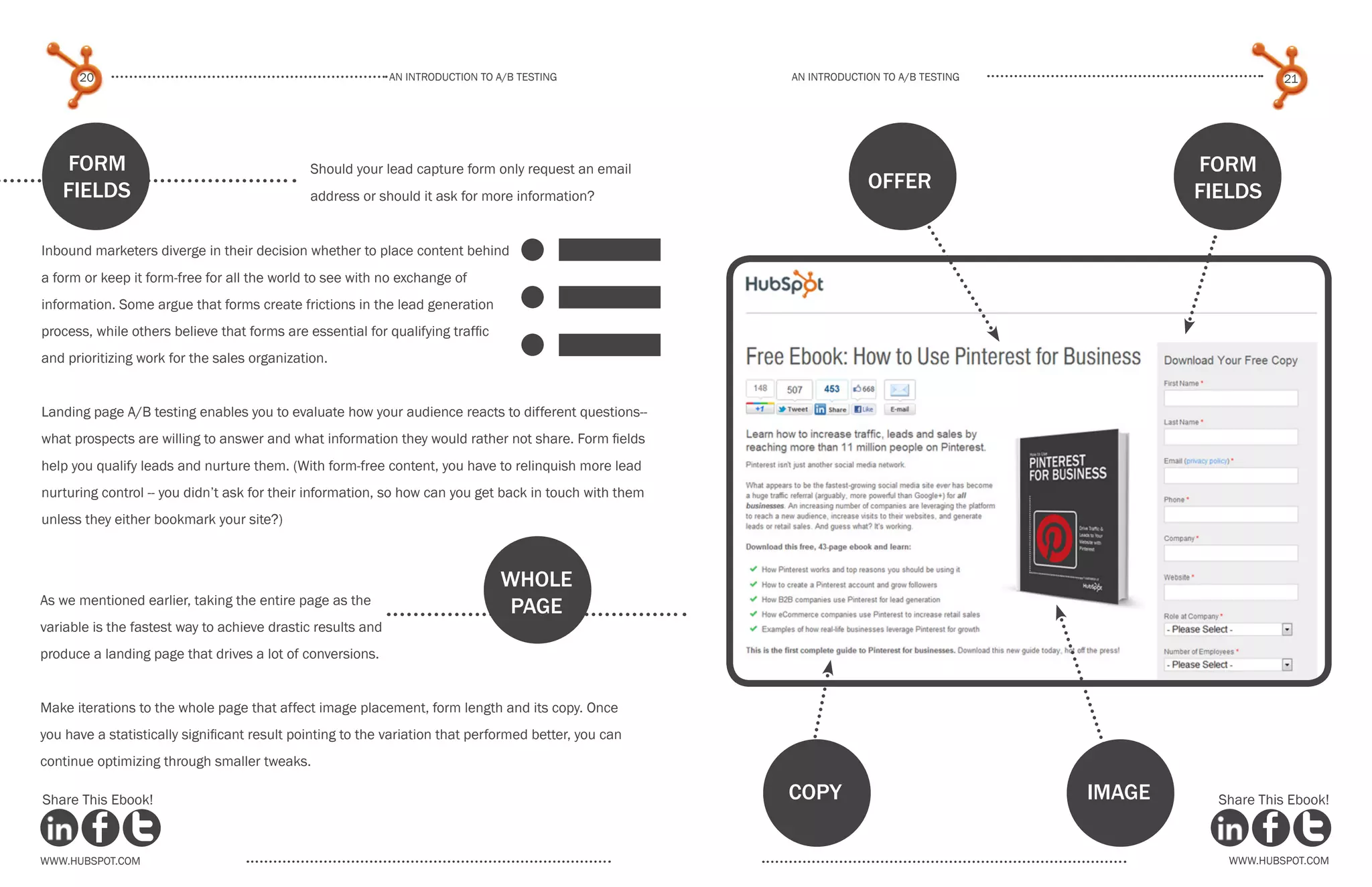 20                                                     An introduction to a/b tesTing             An introduction to a/b testing                       21




   Form                                       Should your lead capture form only request an email                                                form
   Fields                                                                                                            offer                       fields
                                              address or should it ask for more information?




                                                                                  l
Inbound marketers diverge in their decision whether to place content behind
a form or keep it form-free for all the world to see with no exchange of
information. Some argue that forms create frictions in the lead generation
process, while others believe that forms are essential for qualifying traffic
and prioritizing work for the sales organization.


Landing page A/B testing enables you to evaluate how your audience reacts to different questions--
what prospects are willing to answer and what information they would rather not share. Form fields
help you qualify leads and nurture them. (With form-free content, you have to relinquish more lead
nurturing control -- you didn’t ask for their information, so how can you get back in touch with them
unless they either bookmark your site?)



                                                                                whole
As we mentioned earlier, taking the entire page as the
                                                                                 page
variable is the fastest way to achieve drastic results and
produce a landing page that drives a lot of conversions.


Make iterations to the whole page that affect image placement, form length and its copy. Once
you have a statistically significant result pointing to the variation that performed better, you can
continue optimizing through smaller tweaks.

Share This Ebook!                                                                                       copy                             image     Share This Ebook!



www.Hubspot.com                                                                                                                                     www.Hubspot.com
 