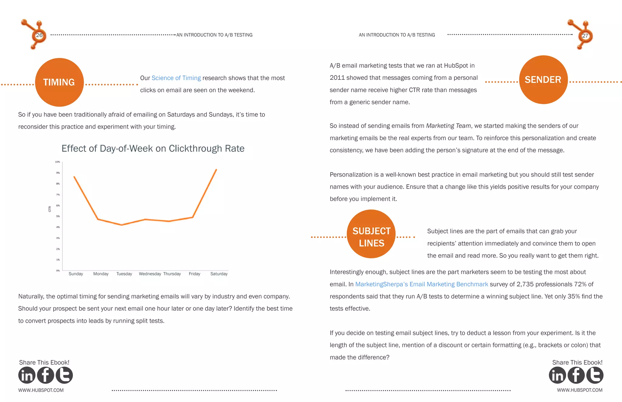 26                                                       An introduction to a/b tesTing                     An introduction to a/b testing                                                      27




                                                                                                       A/B email marketing tests that we ran at HubSpot in

           timing
                                               Our Science of Timing research shows that the most      2011 showed that messages coming from a personal                         sender
                                               clicks on email are seen on the weekend.                sender name receive higher CTR rate than messages
                                                                                                       from a generic sender name.
So if you have been traditionally afraid of emailing on Saturdays and Sundays, it’s time to
reconsider this practice and experiment with your timing.                                              So instead of sending emails from Marketing Team, we started making the senders of our
                                                                                                       marketing emails be the real experts from our team. To reinforce this personalization and create
                Effect of Day-of-Week on Clickthrough Rate                                             consistency, we have been adding the person’s signature at the end of the message.


                                                                                                       Personalization is a well-known best practice in email marketing but you should still test sender
                                                                                                       names with your audience. Ensure that a change like this yields positive results for your company
                                                                                                       before you implement it.




                                                                                                                subject                     Subject lines are the part of emails that can grab your
                                                                                                                 lines                      recipients’ attention immediately and convince them to open
                                                                                                                                            the email and read more. So you really want to get them right.

                  Sunday    Monday   Tuesday   Wednesday Thursday   Friday   Saturday                  Interestingly enough, subject lines are the part marketers seem to be testing the most about
                                                                                                       email. In MarketingSherpa’s Email Marketing Benchmark survey of 2,735 professionals 72% of
Naturally, the optimal timing for sending marketing emails will vary by industry and even company.     respondents said that they run A/B tests to determine a winning subject line. Yet only 35% find the
Should your prospect be sent your next email one hour later or one day later? Identify the best time   tests effective.
to convert prospects into leads by running split tests.
                                                                                                       If you decide on testing email subject lines, try to deduct a lesson from your experiment. Is it the
                                                                                                       length of the subject line, mention of a discount or certain formatting (e.g., brackets or colon) that
                                                                                                       made the difference?
Share This Ebook!                                                                                                                                                                         Share This Ebook!



www.Hubspot.com                                                                                                                                                                             www.Hubspot.com
 