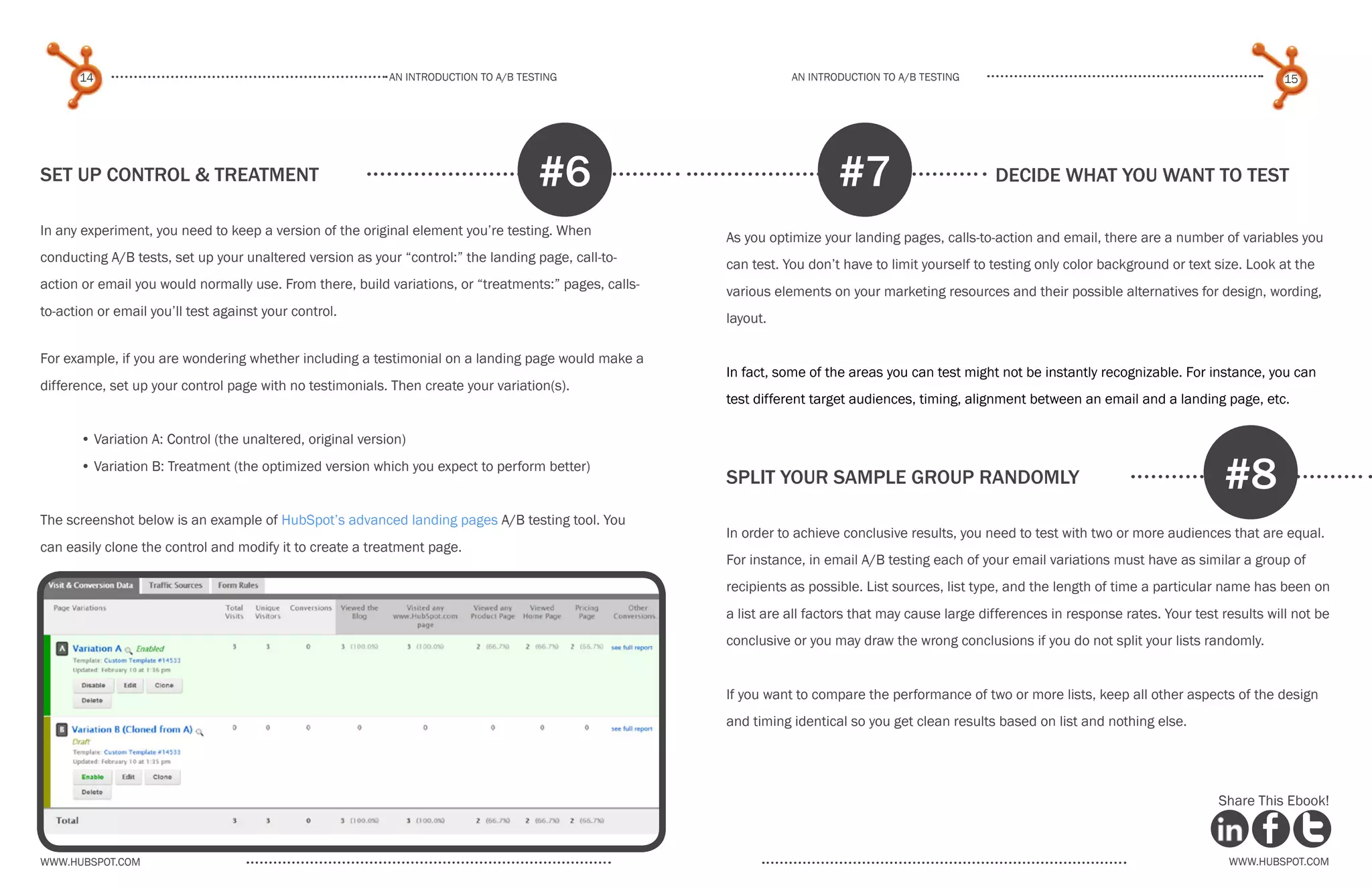 14                                                    An introduction to a/b tesTing                        An introduction to a/b testing                                                       15




set up control & treatment                                                            #6                                  #7                         decide what you want to test

In any experiment, you need to keep a version of the original element you’re testing. When             As you optimize your landing pages, calls-to-action and email, there are a number of variables you
conducting A/B tests, set up your unaltered version as your “control:” the landing page, call-to-      can test. You don’t have to limit yourself to testing only color background or text size. Look at the
action or email you would normally use. From there, build variations, or “treatments:” pages, calls-   various elements on your marketing resources and their possible alternatives for design, wording,
to-action or email you’ll test against your control.                                                   layout.

For example, if you are wondering whether including a testimonial on a landing page would make a
                                                                                                       In fact, some of the areas you can test might not be instantly recognizable. For instance, you can
difference, set up your control page with no testimonials. Then create your variation(s).
                                                                                                       test different target audiences, timing, alignment between an email and a landing page, etc.

	      • Variation A: Control (the unaltered, original version)
	      • Variation B: Treatment (the optimized version which you expect to perform better)
                                                                                                       split your sample group randomly                                                     #8
The screenshot below is an example of HubSpot’s advanced landing pages A/B testing tool. You
                                                                                                       In order to achieve conclusive results, you need to test with two or more audiences that are equal.
can easily clone the control and modify it to create a treatment page.
                                                                                                       For instance, in email A/B testing each of your email variations must have as similar a group of
                                                                                                       recipients as possible. List sources, list type, and the length of time a particular name has been on
                                                                                                       a list are all factors that may cause large differences in response rates. Your test results will not be
                                                                                                       conclusive or you may draw the wrong conclusions if you do not split your lists randomly.


                                                                                                       If you want to compare the performance of two or more lists, keep all other aspects of the design
                                                                                                       and timing identical so you get clean results based on list and nothing else.




Share This Ebook!                                                                                                                                                                          Share This Ebook!



www.Hubspot.com                                                                                                                                                                              www.Hubspot.com
 