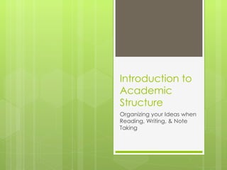 Introduction to Academic Structure Organizing your Ideas when Reading, Writing, & Note Taking 
