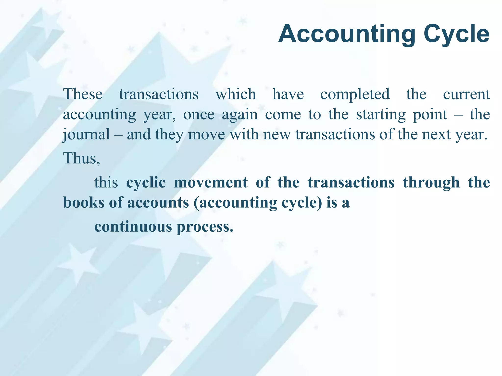 Accounting Cycle
These transactions which have completed the current
accounting year, once again come to the starting point – the
journal – and they move with new transactions of the next year.
Thus,
this cyclic movement of the transactions through the
books of accounts (accounting cycle) is a
continuous process.

 