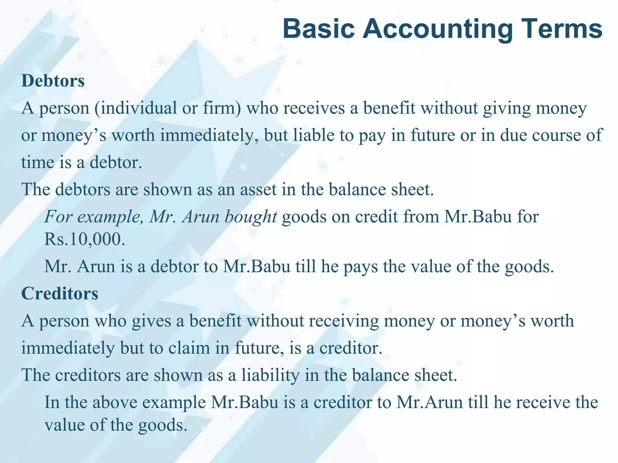 Basic Accounting Terms
Debtors
A person (individual or firm) who receives a benefit without giving money
or money‟s worth immediately, but liable to pay in future or in due course of
time is a debtor.
The debtors are shown as an asset in the balance sheet.
For example, Mr. Arun bought goods on credit from Mr.Babu for
Rs.10,000.
Mr. Arun is a debtor to Mr.Babu till he pays the value of the goods.
Creditors
A person who gives a benefit without receiving money or money‟s worth
immediately but to claim in future, is a creditor.
The creditors are shown as a liability in the balance sheet.
In the above example Mr.Babu is a creditor to Mr.Arun till he receive the
value of the goods.

 