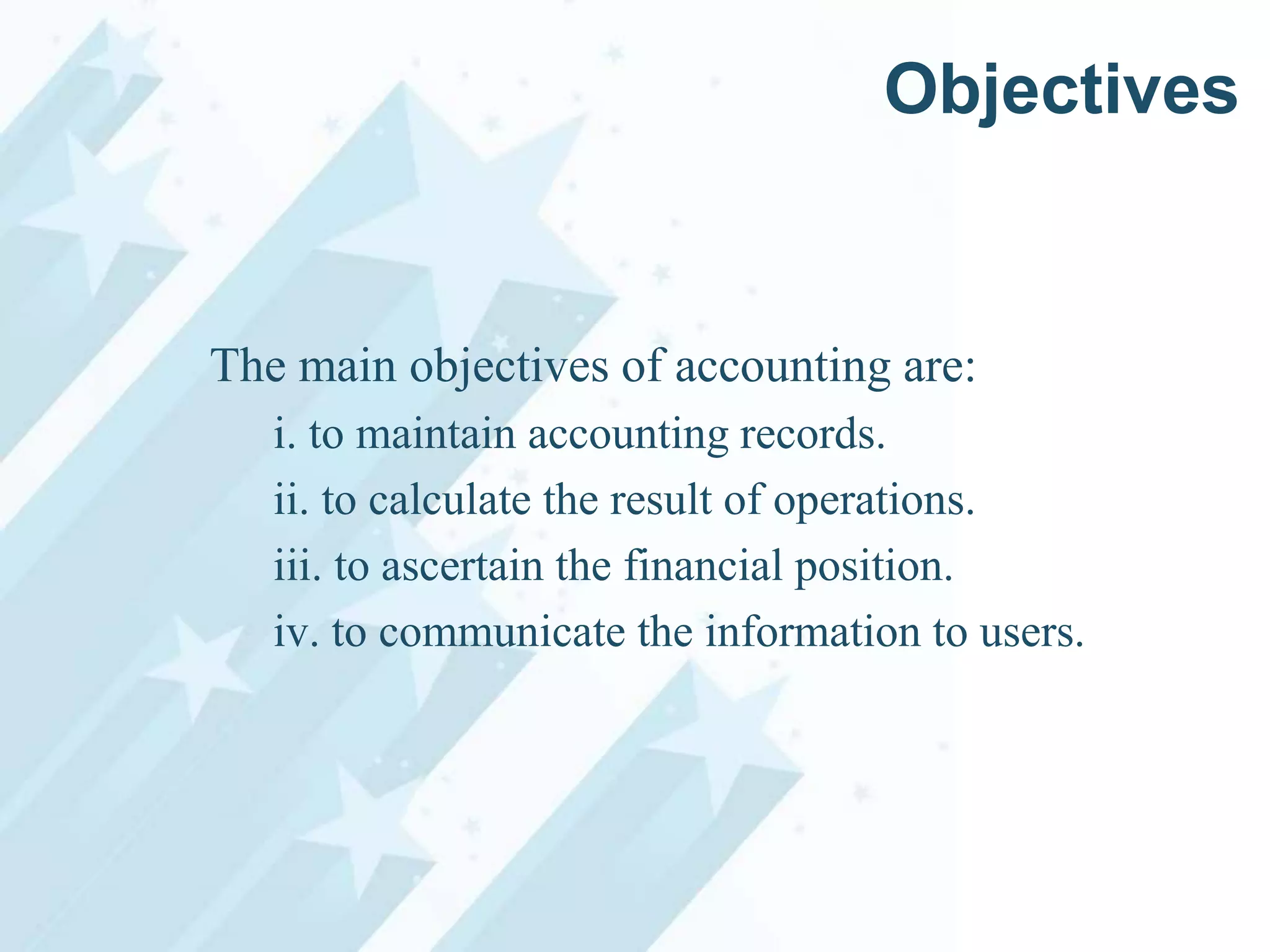 Objectives

The main objectives of accounting are:
i. to maintain accounting records.
ii. to calculate the result of operations.
iii. to ascertain the financial position.
iv. to communicate the information to users.

 