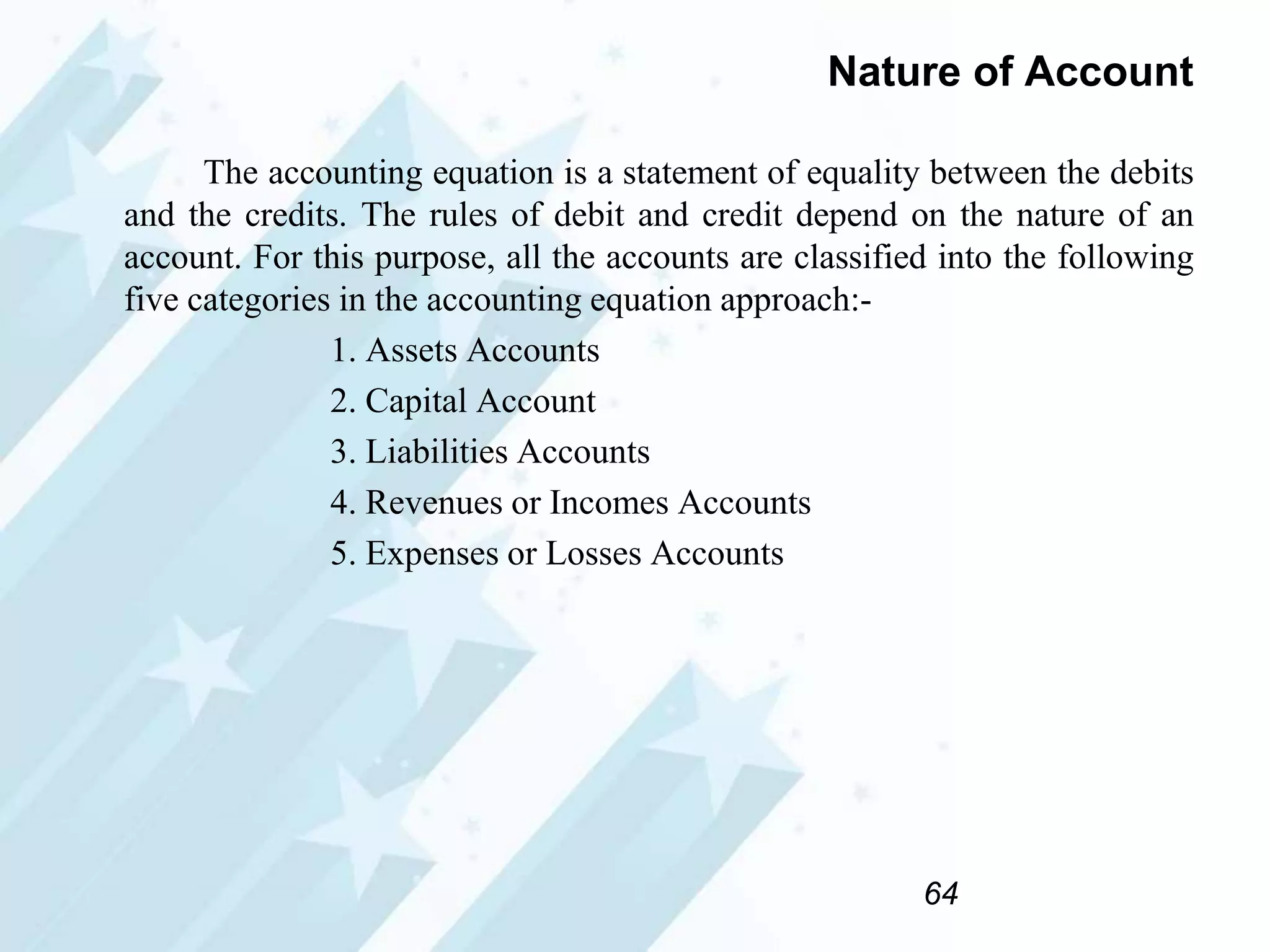 Nature of Account
The accounting equation is a statement of equality between the debits
and the credits. The rules of debit and credit depend on the nature of an
account. For this purpose, all the accounts are classified into the following
five categories in the accounting equation approach:1. Assets Accounts
2. Capital Account
3. Liabilities Accounts
4. Revenues or Incomes Accounts
5. Expenses or Losses Accounts

64

 