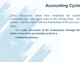 Accounting Cycle
These transactions which have completed the current
accounting year, once again come to the starting point – the
journal – and they move with new transactions of the next year.
Thus,
this cyclic movement of the transactions through the
books of accounts (accounting cycle) is a
continuous process.

 