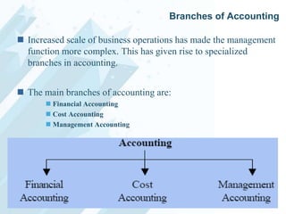 Branches of Accounting
 Increased scale of business operations has made the management
function more complex. This has given rise to specialized
branches in accounting.
 The main branches of accounting are:
 Financial Accounting
 Cost Accounting
 Management Accounting

 