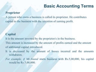 Basic Accounting Terms
Proprietor
A person who owns a business is called its proprietor. He contributes
capital to the business with the intention of earning profit.

Capital
It is the amount invested by the proprietor/s in the business.
This amount is increased by the amount of profits earned and the amount
of additional capital introduced.
It is decreased by the amount of losses incurred and the amounts
withdrawn.
For example, if Mr.Anand starts business with Rs.5,00,000, his capital
would be Rs.5,00,000.

 