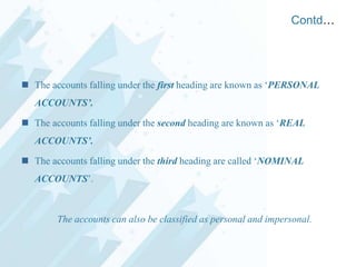 Contd…

 The accounts falling under the first heading are known as „PERSONAL
ACCOUNTS’.
 The accounts falling under the second heading are known as „REAL
ACCOUNTS’.

 The accounts falling under the third heading are called „NOMINAL
ACCOUNTS‟.

The accounts can also be classified as personal and impersonal.

 