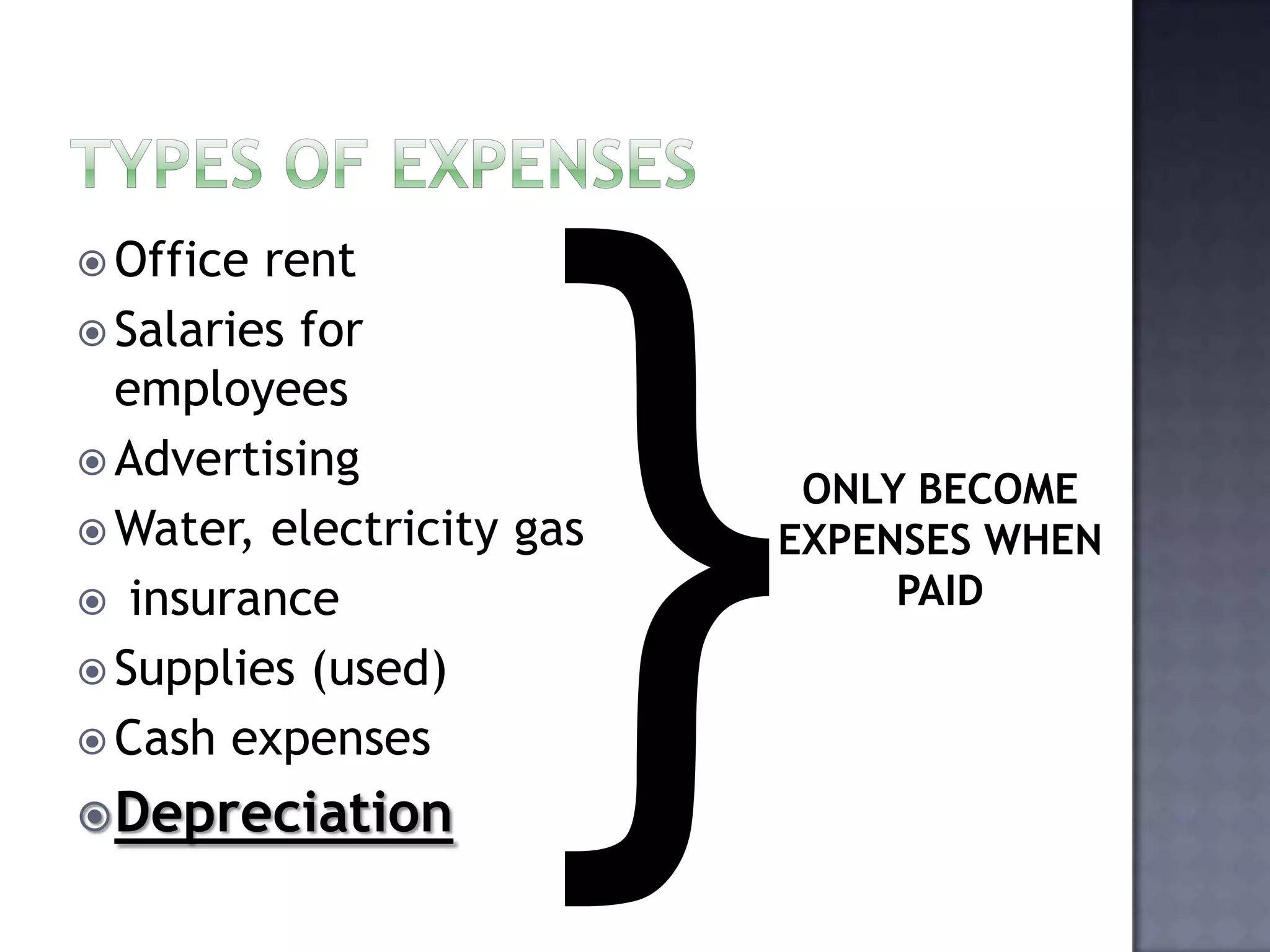  Office rent
 Salaries for
employees
 Advertising
 Water, electricity gas
 insurance
 Supplies (used)
 Cash expenses
Depreciation
ONLY BECOME
EXPENSES WHEN
PAID
 