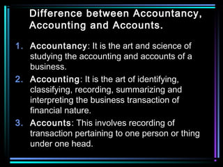 Difference between Accountancy,
Accounting and Accounts.
1. Accountancy: It is the art and science of
studying the accounting and accounts of a
business.
2. Accounting: It is the art of identifying,
classifying, recording, summarizing and
interpreting the business transaction of
financial nature.
3. Accounts: This involves recording of
transaction pertaining to one person or thing
under one head.
 