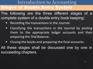 33
Stages of Double Entry System
The following are the three different stages of a
complete system of a double entry book keeping:
 Recording the transactions in the Journal.
 Classifying the transactions in the Journal by posting
them to the appropriate ledger accounts and then
preparing the Trial Balance.
 Closing the books and preparing the final accounts.
All these stages shall be discussed one by one in
succeeding chapters.
 