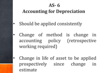 AS- 6
Accounting for Depreciation
• Should be applied consistently
• Change of method is change in
accounting policy (retr...