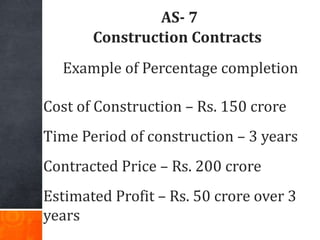AS- 7
Construction Contracts
Example of Percentage completion
Cost of Construction – Rs. 150 crore
Time Period of construc...
