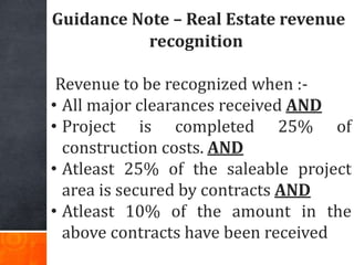 Guidance Note – Real Estate revenue
recognition
Revenue to be recognized when :-
• All major clearances received AND
• Pro...