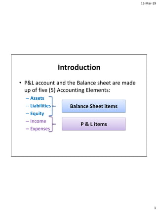 13-Mar-19
1
Introduction
• P&L account and the Balance sheet are made
up of five (5) Accounting Elements:
– Assets
– Liabilities
– Equity
– Income
– Expenses
Balance Sheet items
P & L items
 