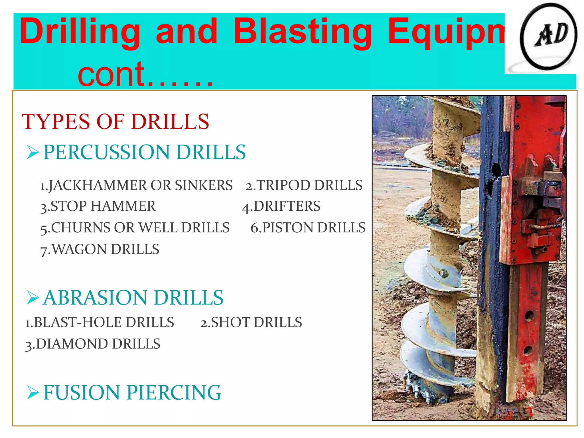 Drilling and Blasting Equipment
cont……
TYPES OF DRILLS
PERCUSSION DRILLS
1.JACKHAMMER OR SINKERS
3.STOP HAMMER
5.CHURNS OR WELL DRILLS
7.WAGON DRILLS
2.TRIPOD DRILLS
4.DRIFTERS
6.PISTON DRILLS
ABRASION DRILLS
1.BLAST-HOLE DRILLS 2.SHOT DRILLS
3.DIAMOND DRILLS
FUSION PIERCING
 