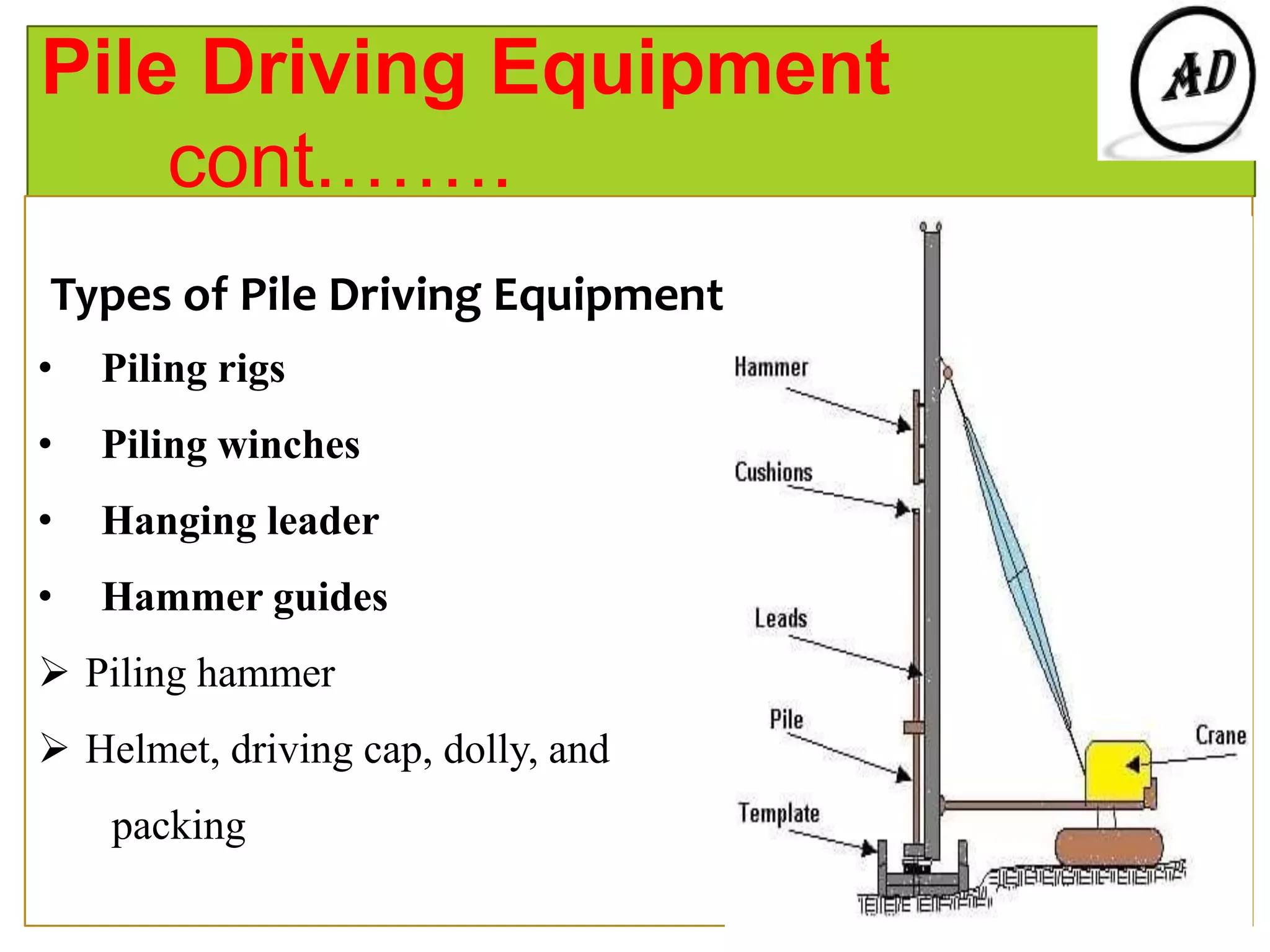 Pile Driving Equipment
cont.…….
Types of Pile Driving Equipment
• Piling rigs
• Piling winches
• Hanging leader
• Hammer guides
 Piling hammer
 Helmet, driving cap, dolly, and
packing
 