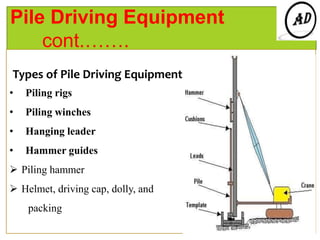 Pile Driving Equipment
cont.…….
Types of Pile Driving Equipment
• Piling rigs
• Piling winches
• Hanging leader
• Hammer guides
 Piling hammer
 Helmet, driving cap, dolly, and
packing
 