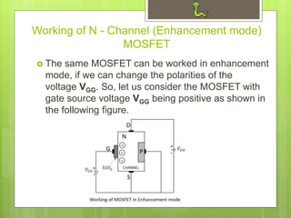Working of N - Channel (Enhancement mode)
MOSFET
 The same MOSFET can be worked in enhancement
mode, if we can change the polarities of the
voltage VGG. So, let us consider the MOSFET with
gate source voltage VGG being positive as shown in
the following figure.
 