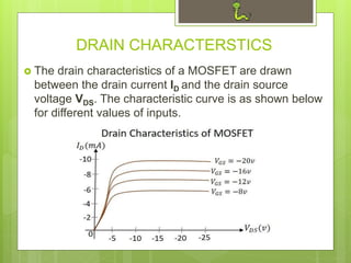  The drain characteristics of a MOSFET are drawn
between the drain current ID and the drain source
voltage VDS. The characteristic curve is as shown below
for different values of inputs.
DRAIN CHARACTERSTICS
 