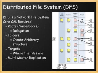 Distributed File System (DFS)
DFS is a Network File System
Core CAL Required 
● Roots (Namespaces)
○ Delegation 
● Folders
○ Create Arbitrary
structure
● Targets
○ Where the files are 
● Multi-Master Replication
 
 
 