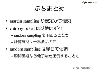ぷちまとめ
• margin sampling が安定かつ優秀
• entropy-based は期待はずれ
– random sampling を下回ることも
– 計算時間は一番多いのに……
• random sampling は総じて低調
– 瞬間風速なら他手法を圧倒することも
いろいろ伏線が……
 