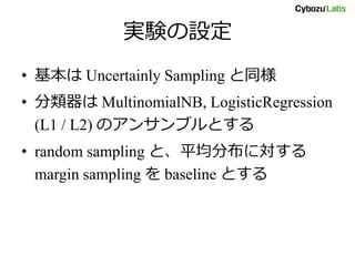 実験の設定
• 基本は Uncertainly Sampling と同様
• 分類器は MultinomialNB, LogisticRegression
(L1 / L2) のアンサンブルとする
• random sampling と、平均分布に対する
margin sampling を baseline とする
 