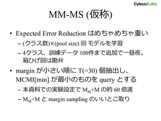MM-MS (仮称)
• Expected Error Reduction はめちゃめちゃ重い
– (クラス数)×(pool size) 回 モデルを学習
– 4クラス、訓練データ 100件まで追加で一昼夜。
箱ひげ図は勘弁
• margin が小さい順に T(=30) 個抽出し、
MCMI[min] が最小のものを query とする
– 本資料での実験設定で MM+M の約 60 倍速
– MM+M と margin sampling のいいとこ取り
 