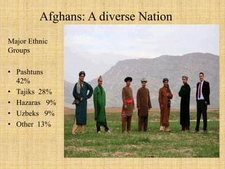 Afghans: A diverse Nation
Major Ethnic
Groups
• Pashtuns
42%
• Tajiks 28%
• Hazaras 9%
• Uzbeks 9%
• Other 13%
 