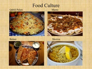 Food Culture
Qabili Palaw Manto
Bolani Shorwa
 