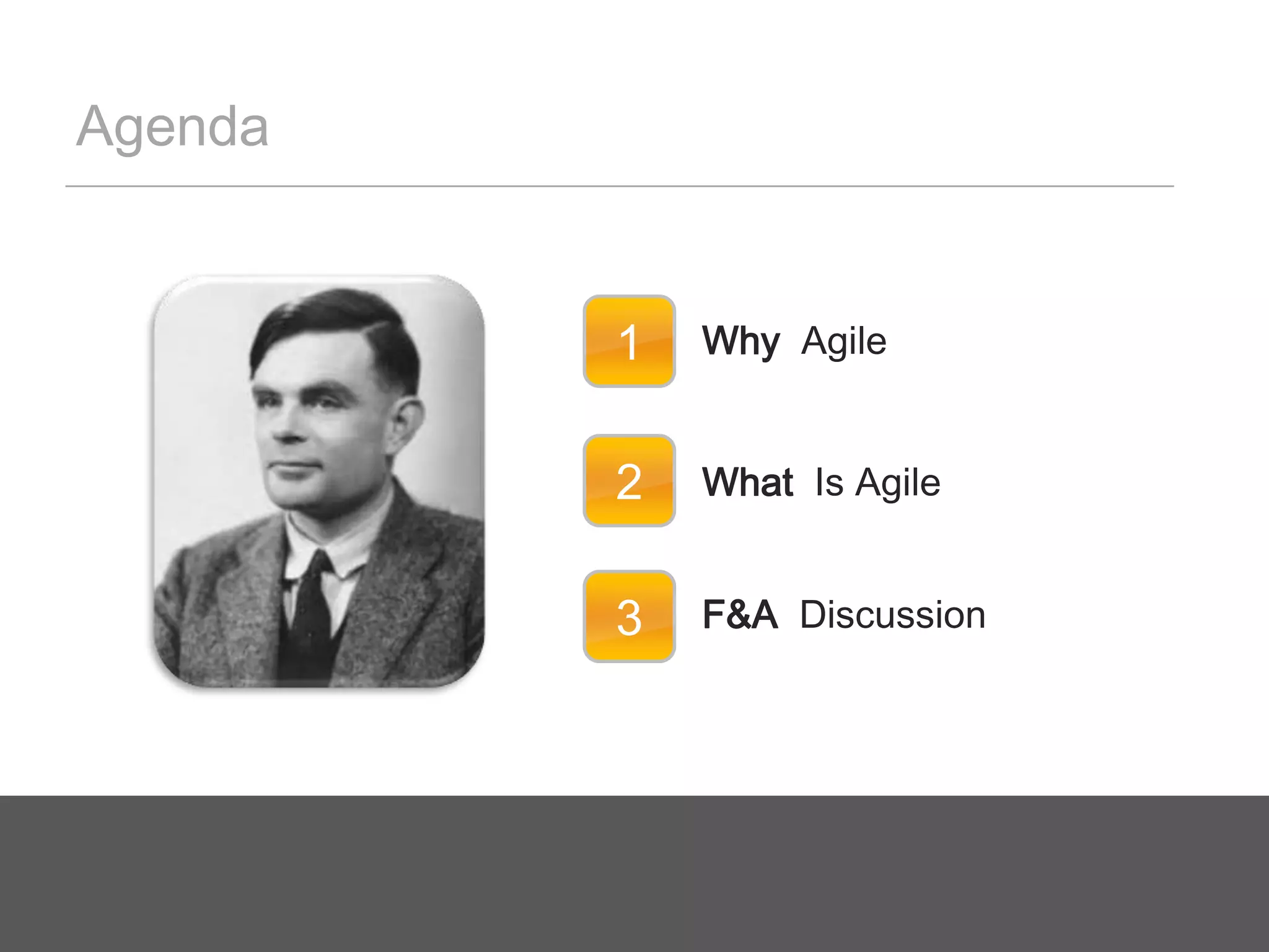 Agenda123F&A  DiscussionWhy  AgileWhat  IsAgile