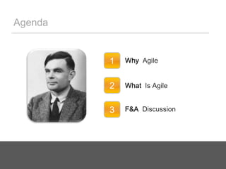 Agenda123F&A  DiscussionWhy  AgileWhat  IsAgile
