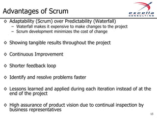 Advantages of Scrum
◊ Adaptability (Scrum) over Predictability (Waterfall)
   – Waterfall makes it expensive to make changes to the project
   – Scrum development minimizes the cost of change

◊ Showing tangible results throughout the project

◊ Continuous Improvement

◊ Shorter feedback loop

◊ Identify and resolve problems faster

◊ Lessons learned and applied during each iteration instead of at the
  end of the project

◊ High assurance of product vision due to continual inspection by
  business representatives
                                                                    13
 