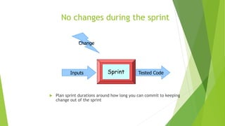 No changes during the sprint
SprintInputs Tested Code
Change
 Plan sprint durations around how long you can commit to keeping
change out of the sprint
 