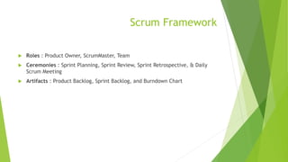 Scrum Framework
 Roles : Product Owner, ScrumMaster, Team
 Ceremonies : Sprint Planning, Sprint Review, Sprint Retrospective, & Daily
Scrum Meeting
 Artifacts : Product Backlog, Sprint Backlog, and Burndown Chart
 