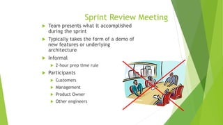 Sprint Review Meeting
 Team presents what it accomplished
during the sprint
 Typically takes the form of a demo of
new features or underlying
architecture
 Informal
 2-hour prep time rule
 Participants
 Customers
 Management
 Product Owner
 Other engineers
 