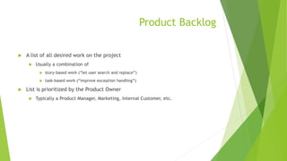 Product Backlog
 A list of all desired work on the project
 Usually a combination of
 story-based work (“let user search and replace”)
 task-based work (“improve exception handling”)
 List is prioritized by the Product Owner
 Typically a Product Manager, Marketing, Internal Customer, etc.
 