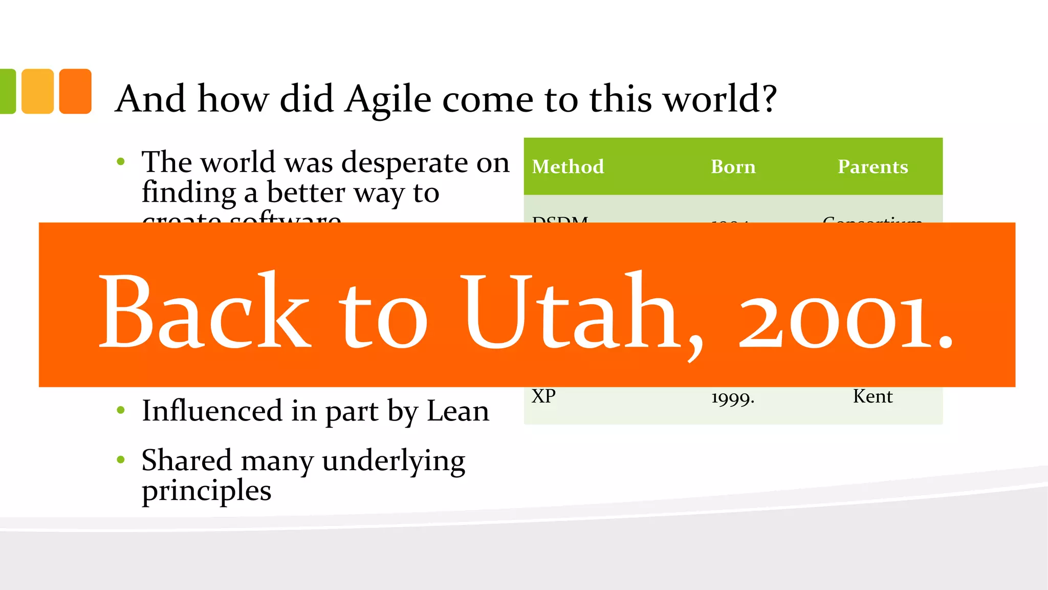 And how did Agile come to this world?
Method Born Parents
DSDM 1994. Consortium
Scrum 1995.
Sutherland
&Schwaber
ASD 1999. Highsmith
XP 1999. Kent
• The world was desperate on
finding a better way to
create software
• Many lightweight
methodologies emerged as
a response to “not so good”
waterfall principles
• Influenced in part by Lean
• Shared many underlying
principles
Back to Utah, 2001.
 