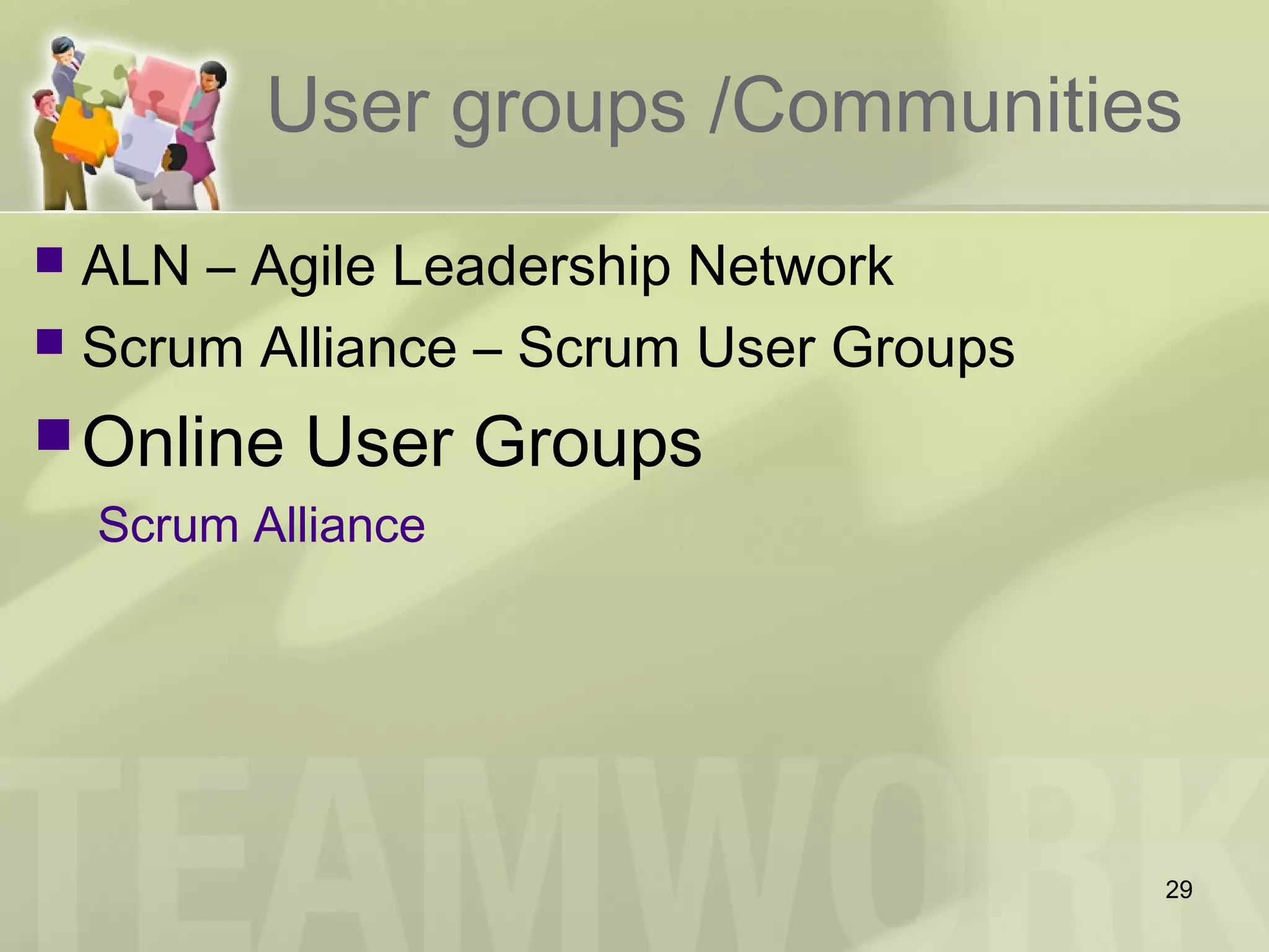 User groups /Communities
 ALN – Agile Leadership Network
 Scrum Alliance – Scrum User Groups
Online User Groups
Scrum Alliance
29
 