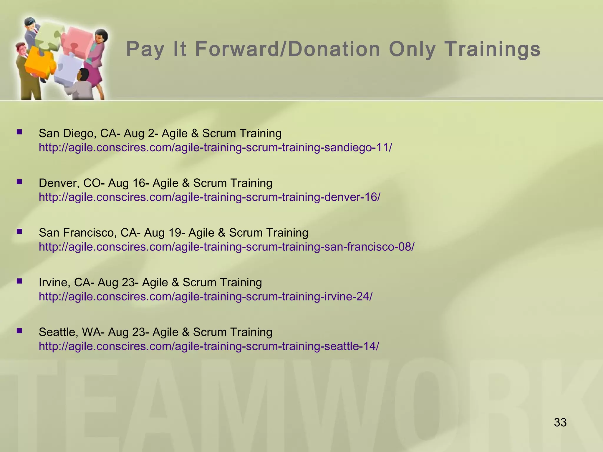 Agile & Scrum Trainings in US
33
Albuquerque Charlotte Little Rock Raleigh
Atlanta Chicago Minneapolis Richmond
Austin Dallas Los Angeles San Diego
Baltimore Denver New York San Francisco / San Jo
Bentonville Hartford Oklahoma Seattle
Boston Houston Orlando St. Louis
Boulder Irvine Philadelphia Tampa
Charleston Las Vegas Phoenix Washington D.C.
 