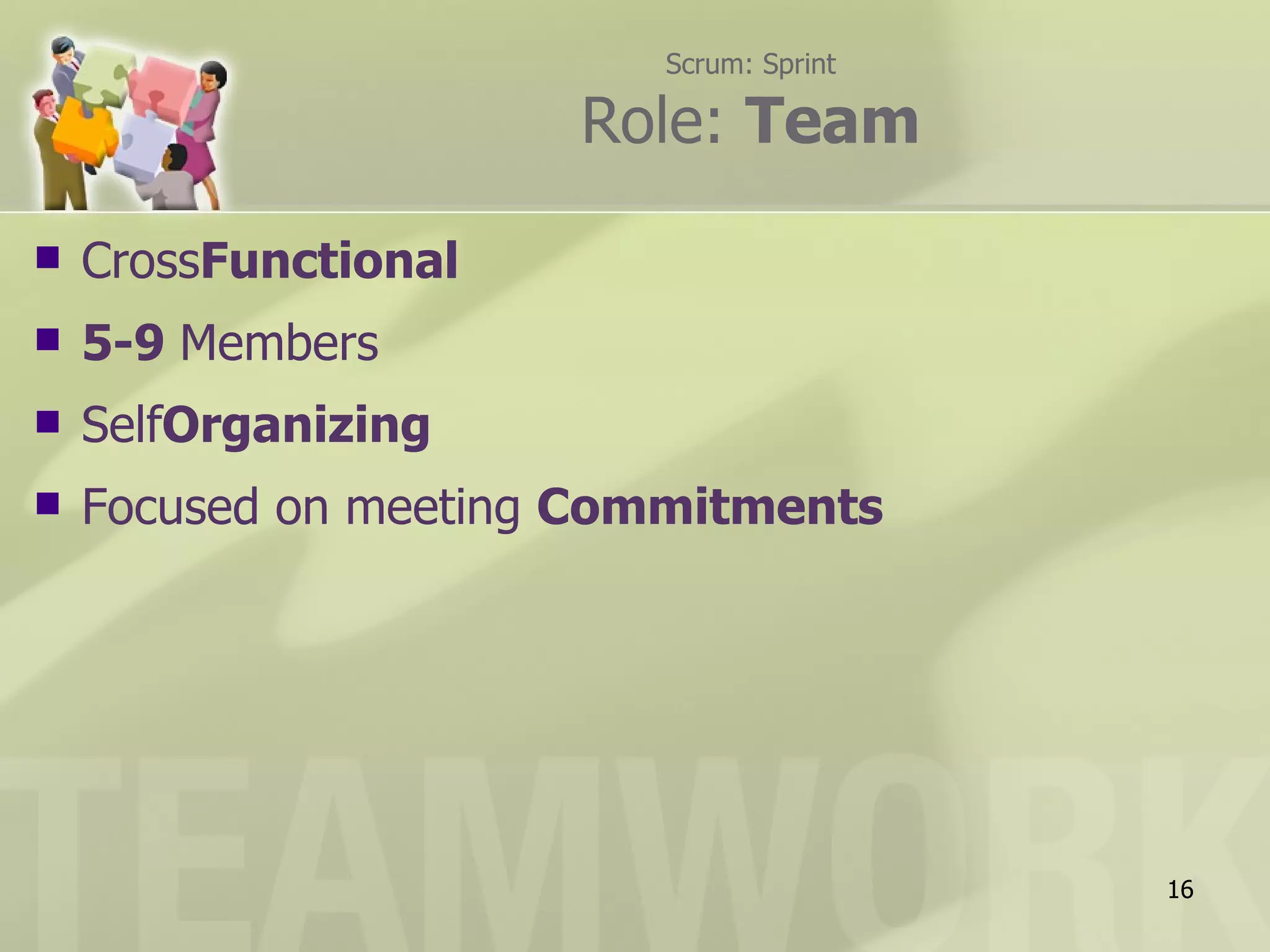 Scrum: Sprint

                      Role: Team

   CrossFunctional
   5-9 Members
   SelfOrganizing
   Focused on meeting Commitments




                                         16
 