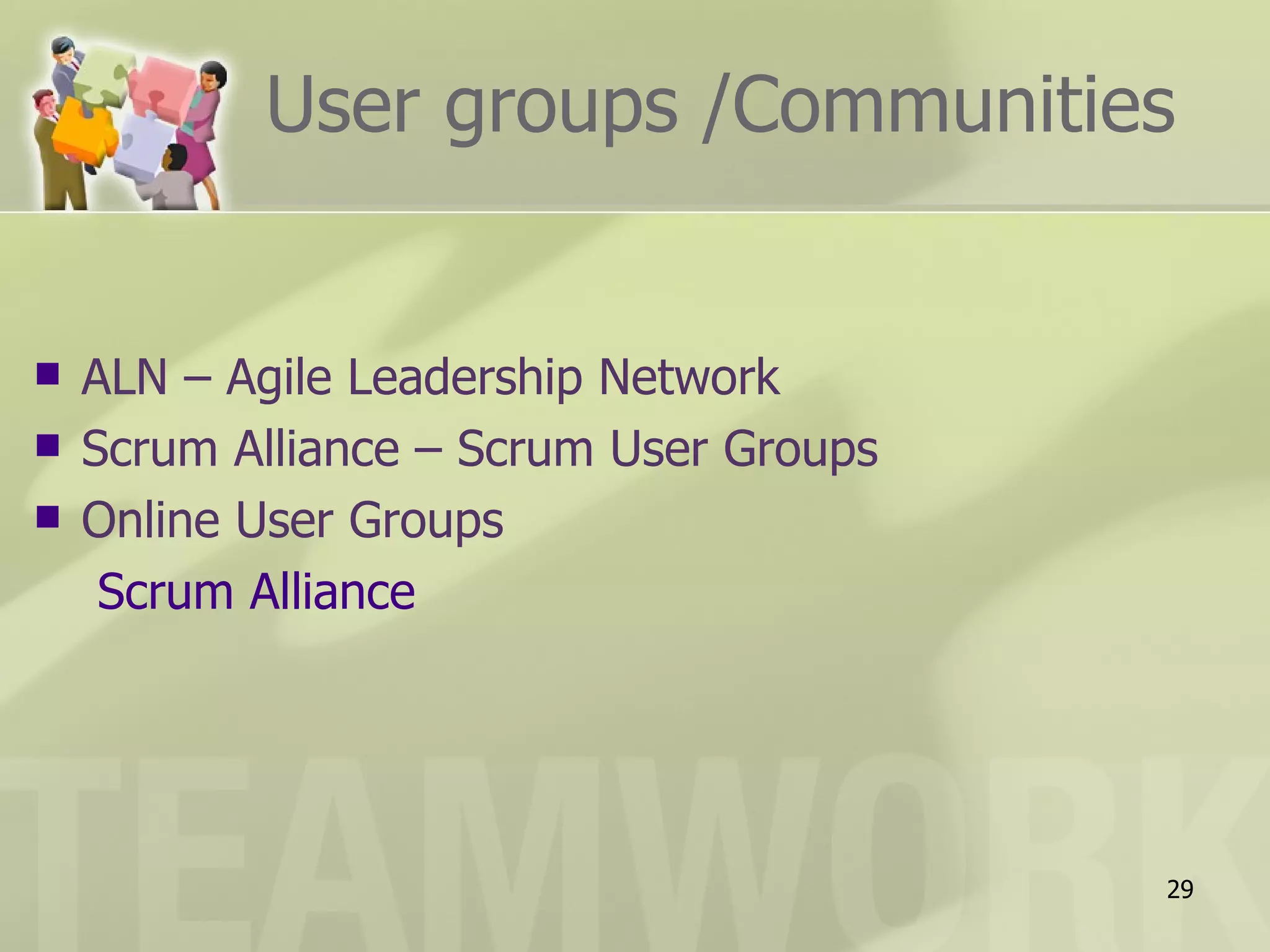 User groups /Communities


   ALN – Agile Leadership Network
   Scrum Alliance – Scrum User Groups
   Online User Groups
     Scrum Alliance




                                         29
 