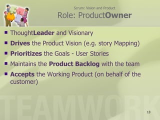 Scrum: Vision and Product

                     Role: ProductOwner

   ThoughtLeader and Visionary
   Drives the Product Vision (e.g. story Mapping)
   Prioritizes the Goals - User Stories
   Maintains the Product Backlog with the team
   Accepts the Working Product (on behalf of the
    customer)



                                                       13
 