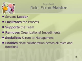Scrum: Sprint

                     Role: ScrumMaster

   Servant Leader
   Facilitates the Process
   Supports the Team
   Removes Organizational Impediments
   Socializes Scrum to Management
   Enables close collaboration across all roles and
    functions


                                                       15
 