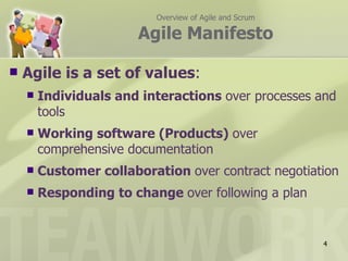 Overview of Agile and Scrum

                        Agile Manifesto

   Agile is a set of values:
       Individuals and interactions over processes and
        tools
       Working software (Products) over
        comprehensive documentation
       Customer collaboration over contract negotiation
       Responding to change over following a plan


                                                        4
 