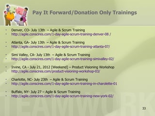 Pay It Forward/Donation Only Trainings


•   Denver, CO- July 13th – Agile & Scrum Training
•   http://agile.conscires.com/1-day-agile-scrum-training-denver-08 /

•   Atlanta, GA- July 13th – Agile & Scrum Training
•   http://agile.conscires.com/1-day-agile-scrum-training-atlanta-07/

•   Simi Valley, CA- July 13th – Agile & Scrum Training
•   http://agile.conscires.com/1-day-agile-scrum-training-simivalley-02/

•   Irvine, CA - July 21, 2012 [Weekend] – Product Visioning Workshop
•   http://agile.conscires.com/product-visioning-workshop-03/

•   Charlotte, NC- July 23th – Agile & Scrum Training
•   http://agile.conscires.com/1-day-agile-scrum-training-in-charolette-01

•   Buffalo, NY- July 27 – Agile & Scrum Training
•   http://agile.conscires.com/1-day-agile-scrum-training-new-york-02/


                                                                             33
 