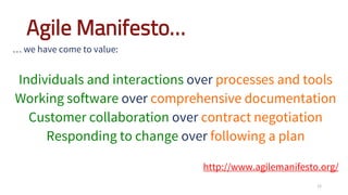 Agile Manifesto…
… we have come to value:
Individuals and interactions over processes and tools
Working software over comprehensive documentation
Customer collaboration over contract negotiation
Responding to change over following a plan
http://www.agilemanifesto.org/
15
 